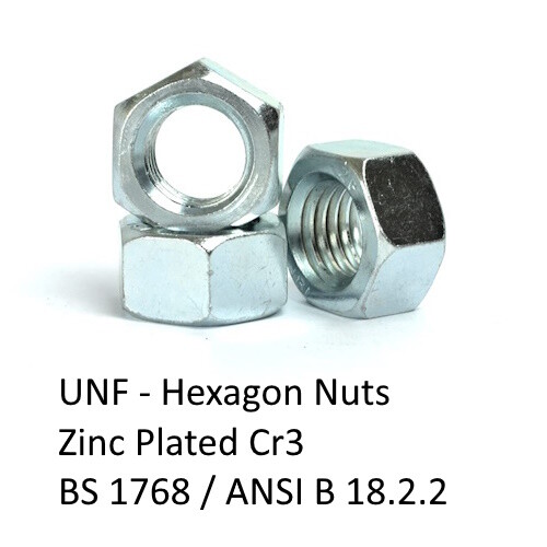 UNF BS 1768 Hex Full Nuts Zinc Plated 1/4, 5/16, 3/8, 7/16, 1/2, 5/8, 3