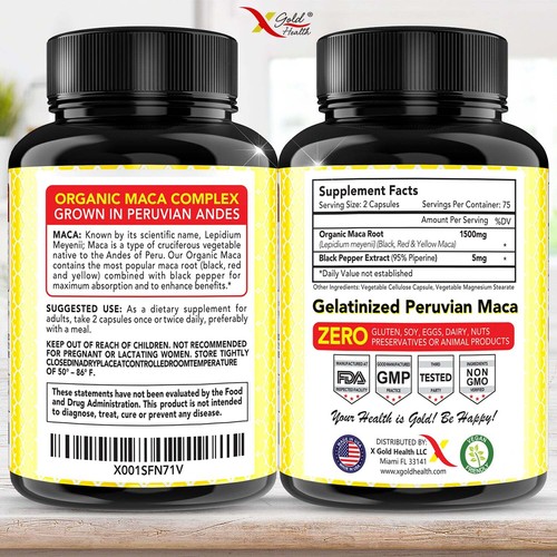 Organic Maca Root Capsules Black, Yellow, Red Strongest 1500 mg