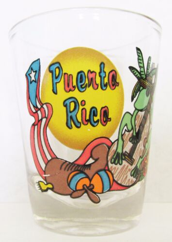 PUERTO RICO  COLORFUL  FLAG & FROG   SHORT SHOT GLASS - Picture 1 of 2