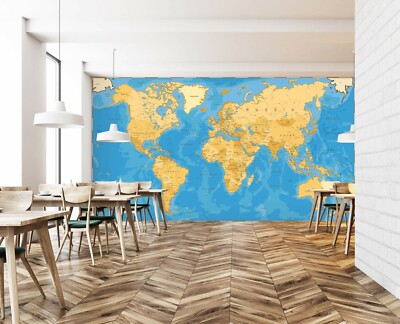 3D Blue Gold A689 World Map Wallpaper Wall Mural Removable Self-adhesive Amy