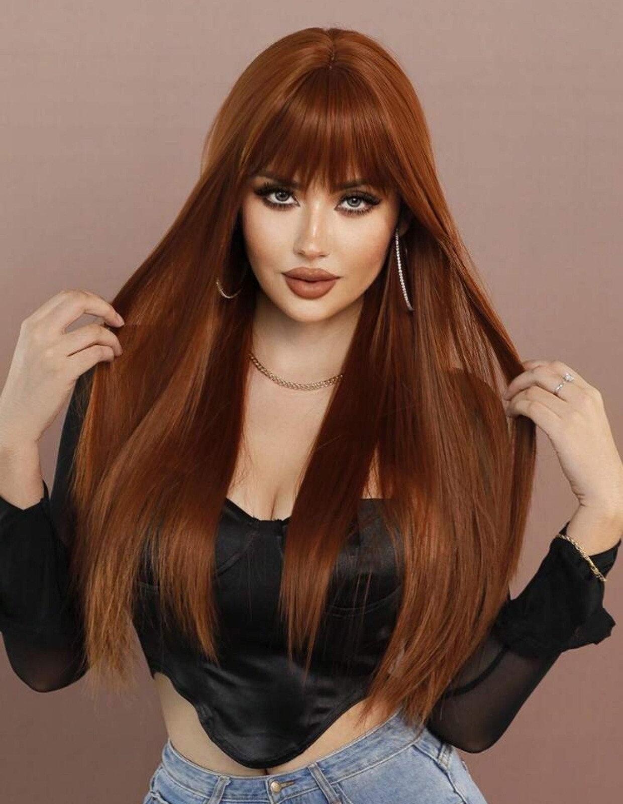 Perruque synthétique roux longue pour soirées et cosplay cheveux lisses orange à frange