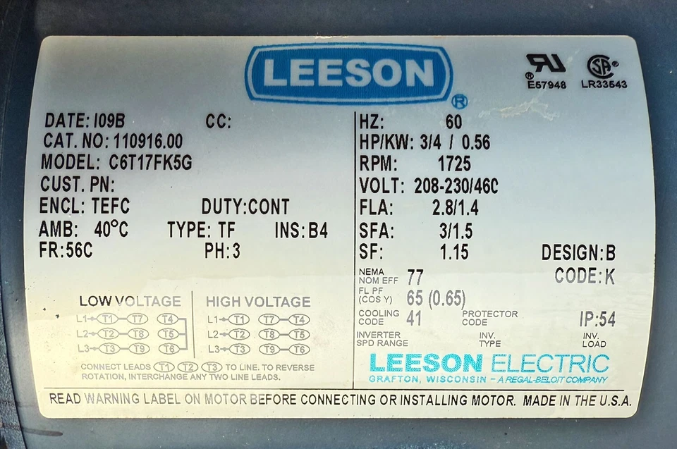 Rebuilt Leeson C6T17FK5G Electric Motor 3/4HP 110916.00 0.75hp 1725rpm 3ø TEFC - Image 4 of 4
