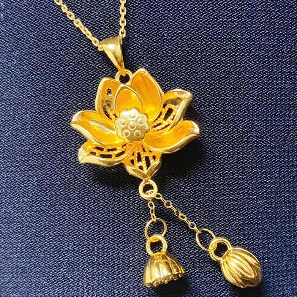 1PC Pure 999 24K Yellow Gold Women 3D Lucky Lotus Bud Tassel
