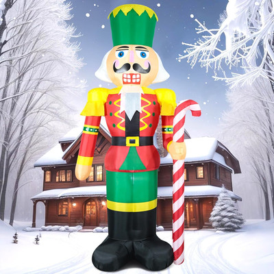 12FT Christmas Inflatables Giant Nutcracker Holds Candy Cane Green Blow up Giant