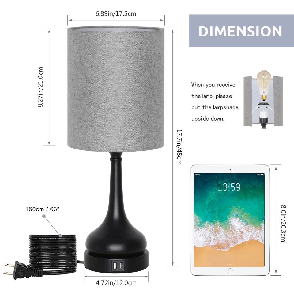 Paquete de 2 lámparas de noche de mesa con control táctil 2 puertos de carga USB para dormitorio Foto 2 de 4