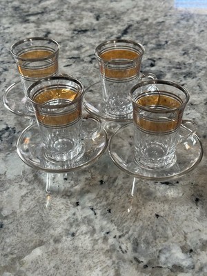 Vtg Turkish Tea Set - 4 Glasses & 4 Saucers Pasabahce Gold Silver Tone Rimmed