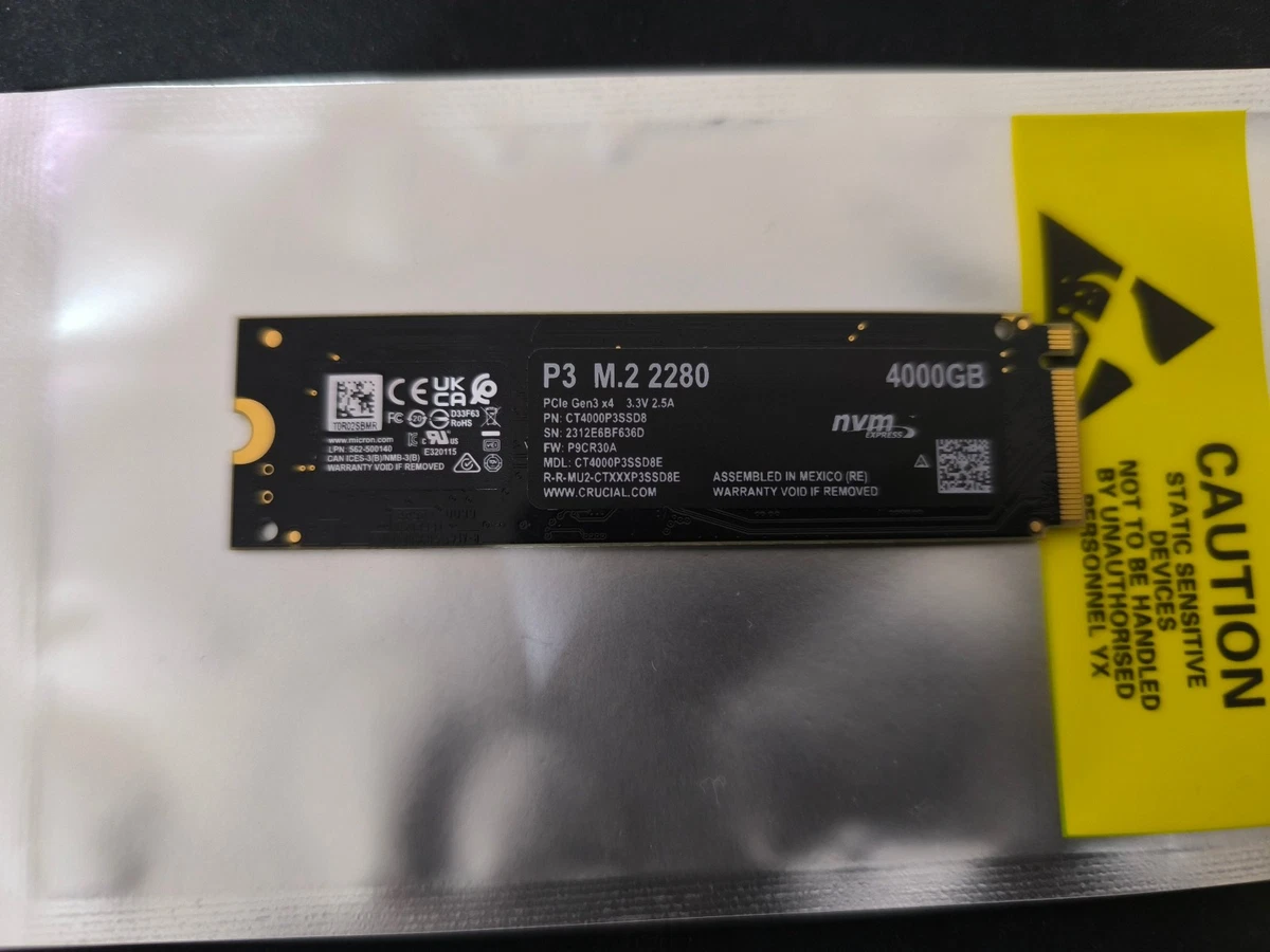SSD interno Crucial P3 4 TB M.2 NVMe PCIe Gen3 x4 - 3500 MB/s (0 horas / 100 % HEA