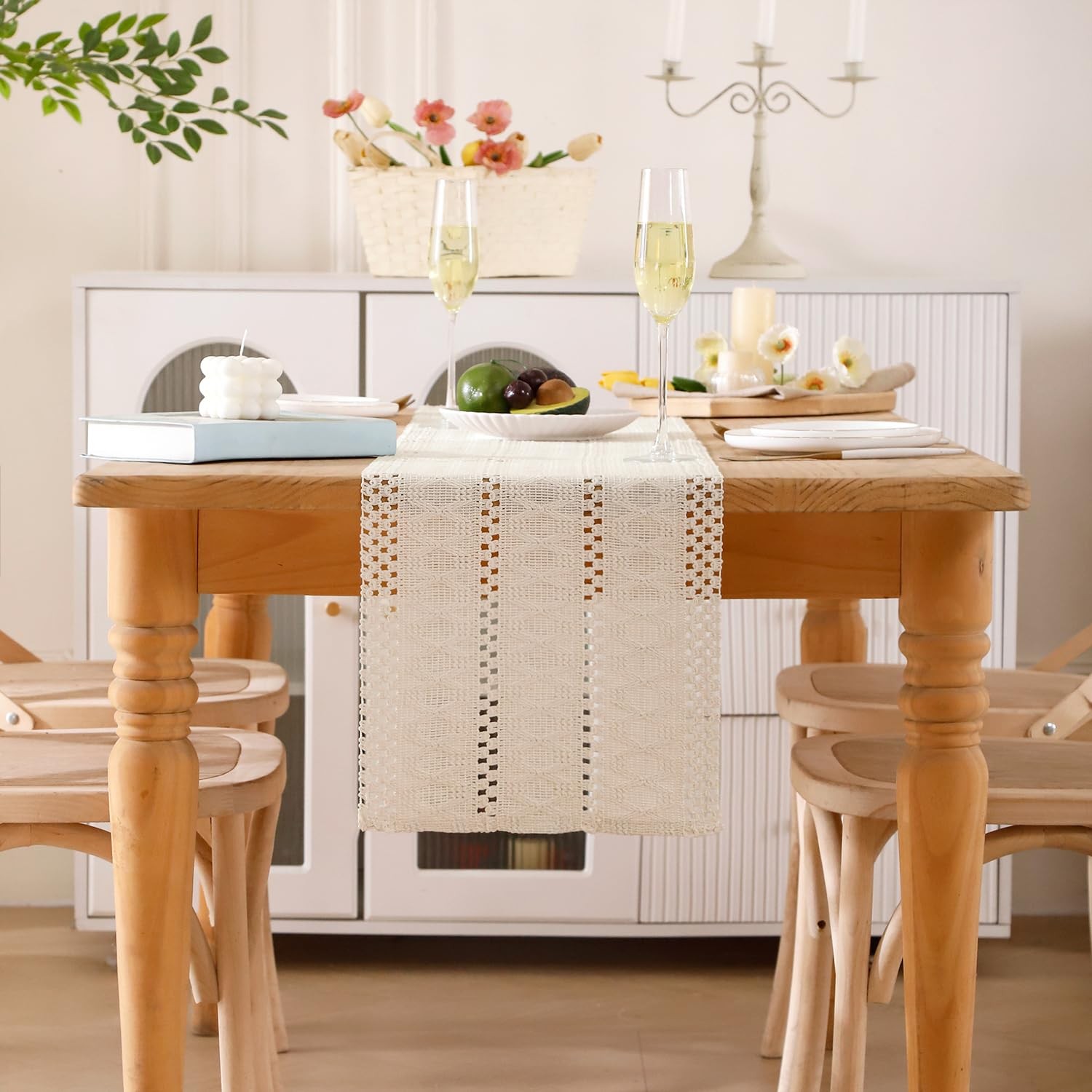 Chemin de table macramé blanc beige nappe lin coton pour table basse salon et console entrée