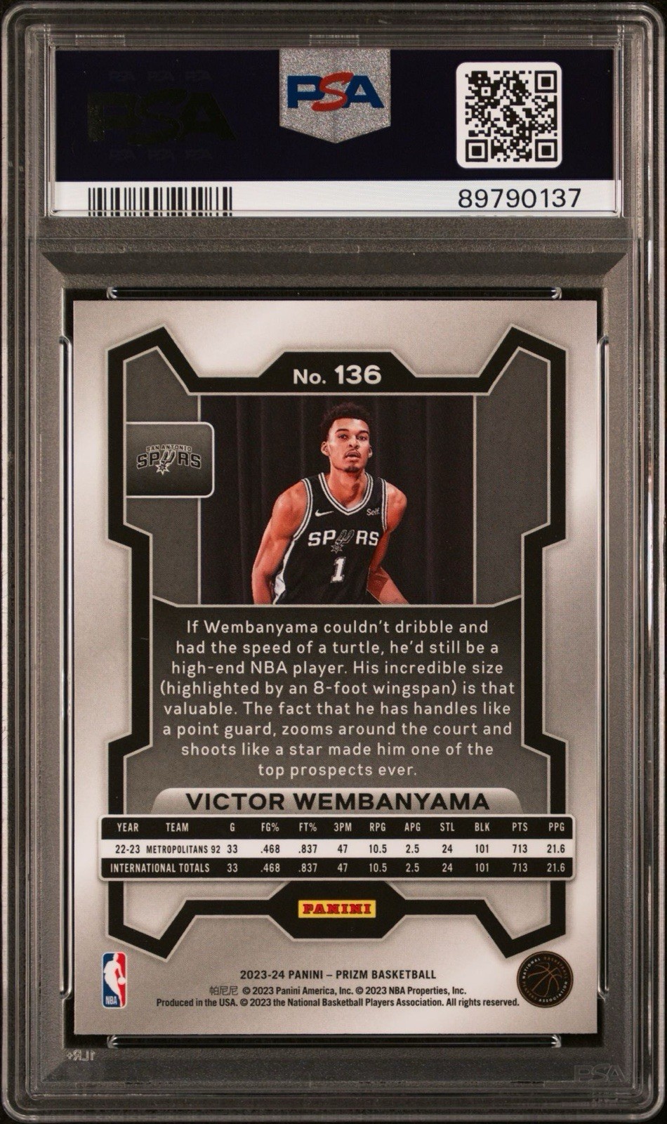 Panini Prizm 2023-24 Victor Wembanyama RC Base #136 Spurs PSA 10 view 3