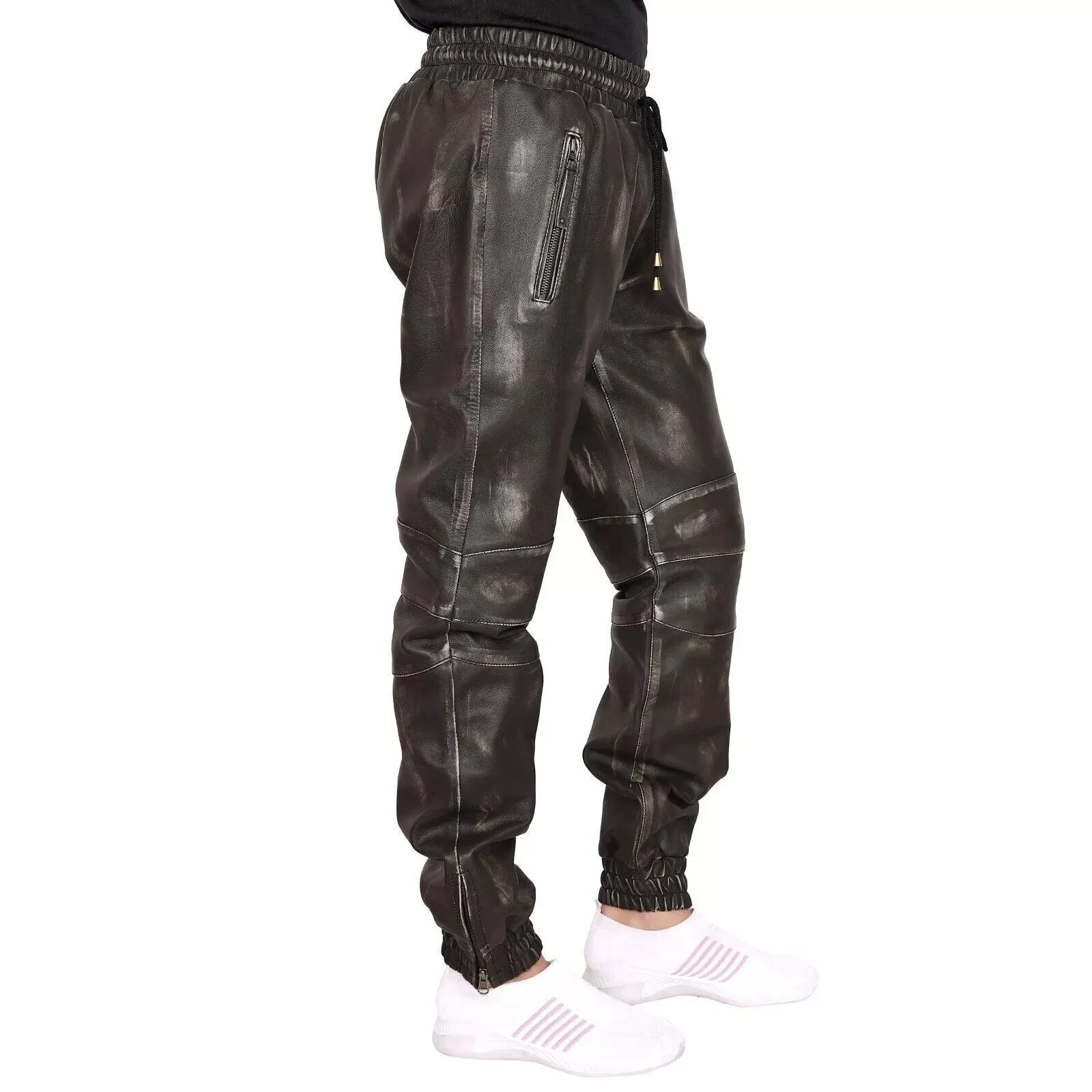 Men's genuine Black Leather Joggers Vintage Rubbed Drawstrings Leather Jog