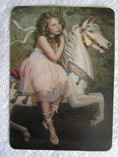HORSE SWAP CARD~VINTAGE LIKE NEW~GLORIOUS YOUNG GIRL RIDING A CAROUSEL HORSE