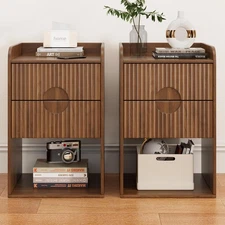 Fluted Nightstand Set of 2, Small Night Stand Table with Drawer, Wood Side Table