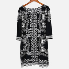 WHBM Style Dress Small Black White Scroll Print 3/4 Sleeve Sheath Stretch
