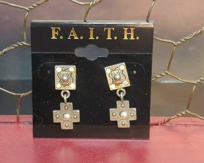 F. A. I. T. H. Co. ''Christy's Cross'' Silver Tone With Clear Crystal Earrings