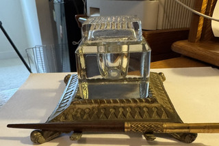 Antique Glass Ink Well with Cast Iron Stand and Pen