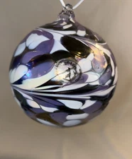 Zorza Poland Handmade Hanging Glass Ornament Ball Purple White  Swirl blown