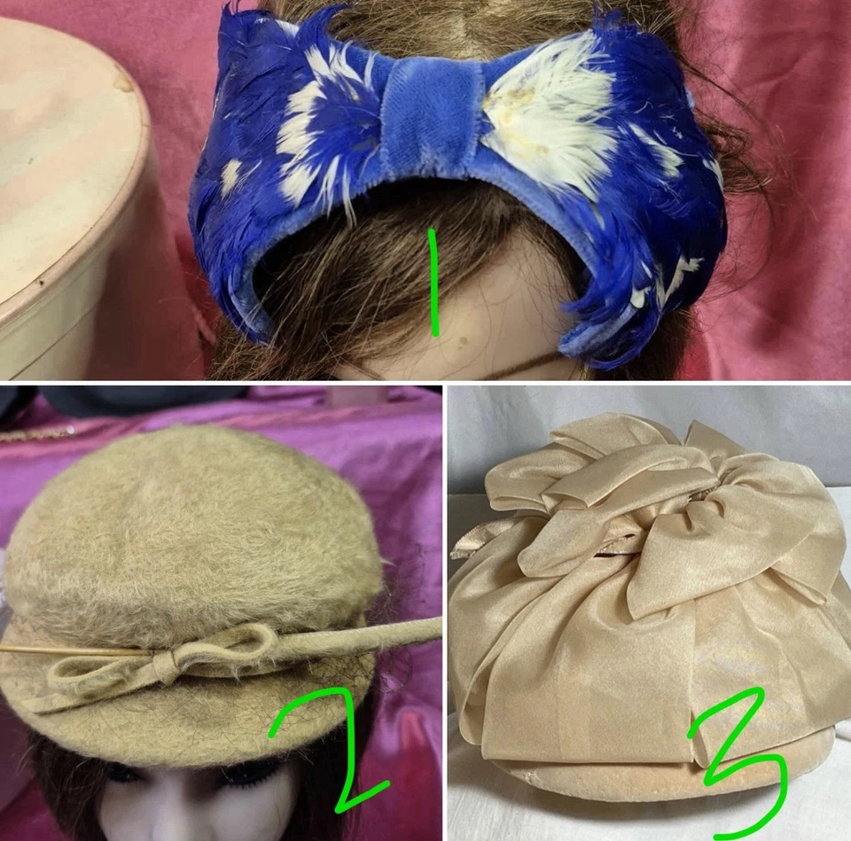 Sombreros vintage - diadema de piel azul, boina de fieltro de piel beige y sombrero pastillero de seda Foto 2 de 4