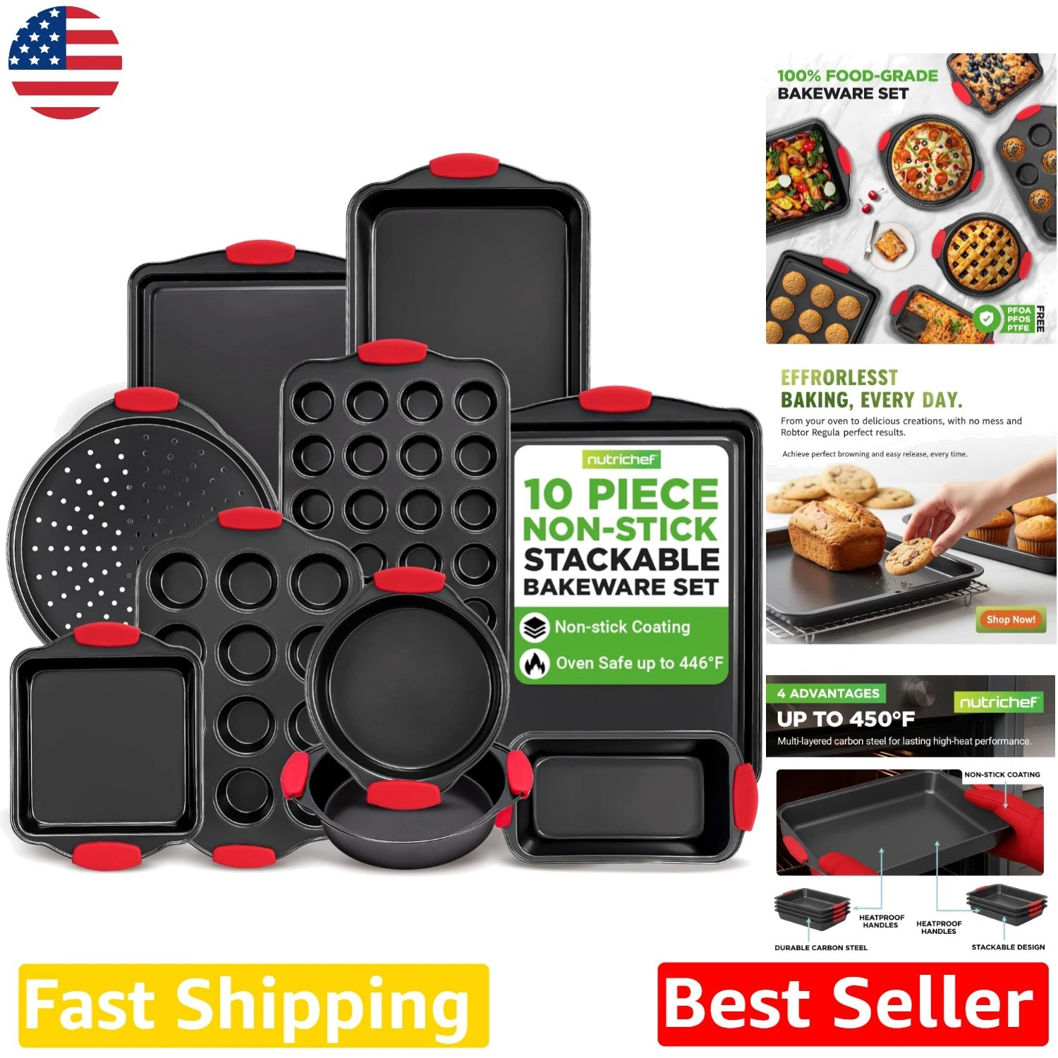 Professional 10-Piece Nonstick Bakeware Set - Commercial Grade Carbon Steel, ...