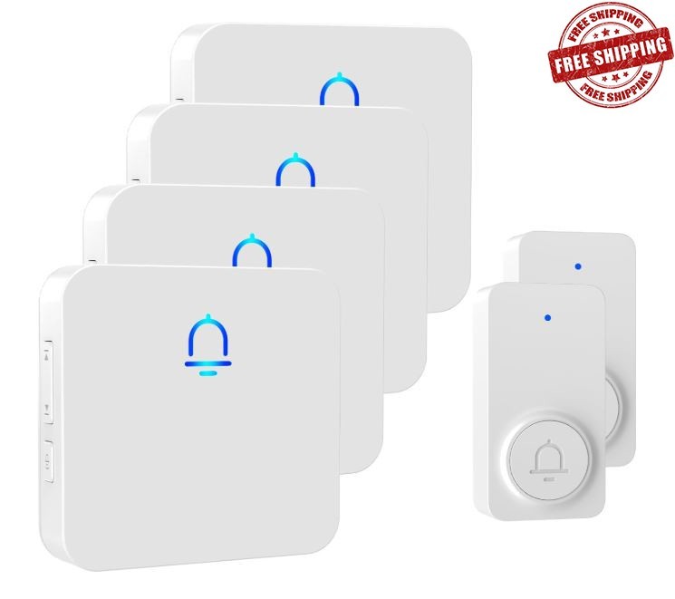 Wireless Doorbell with 32 Melodies Adjustable Volume 4 Receivers 2 Buttons in White-image