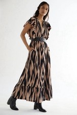 Maeve Anthropologie Ruffle Sleeve Midi Dress XS Brown Black Print