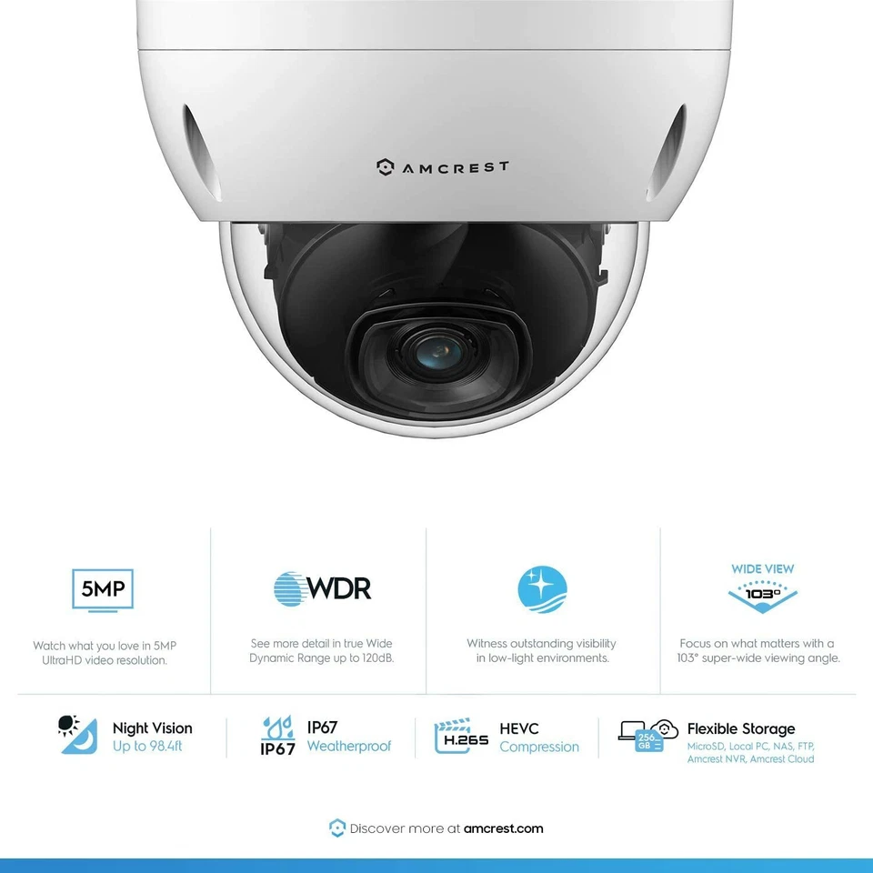 Amcrest 5MP IP Camera POE Security Vandal Dome IP5M-D1188EW-28MM 2.8mm Warranty - Image 2 of 4