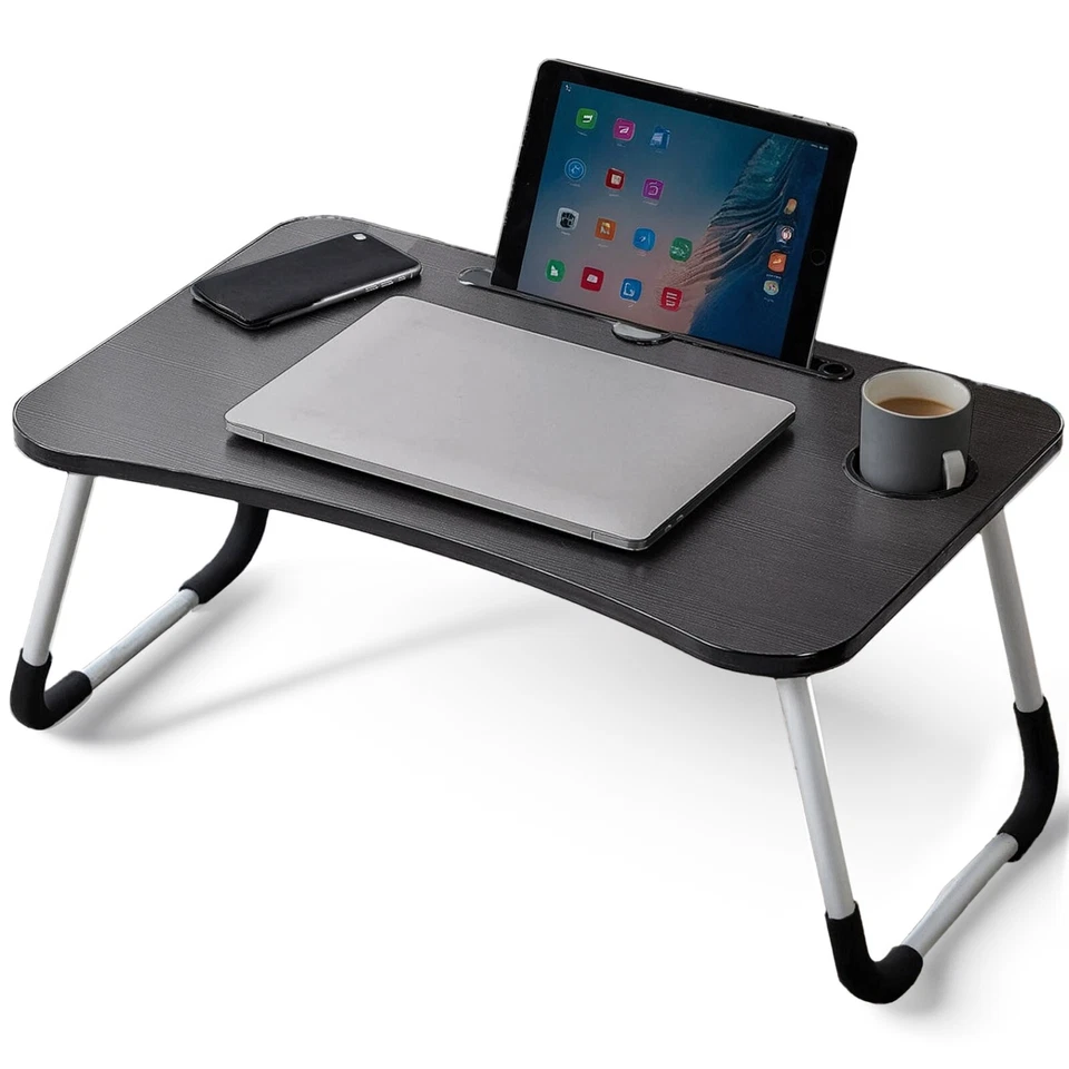 ICE ARMOR 2-PC Laptop Tray Lap Desk Stand Foldable Bed Table Cup Slot Black - Image 2 of 4