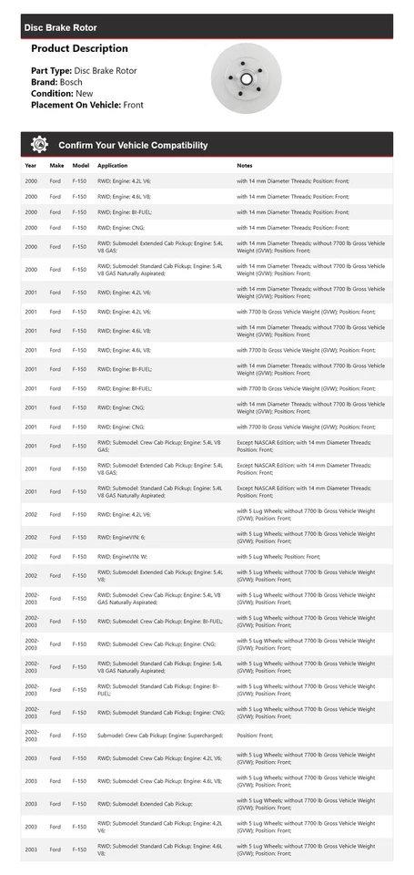 Rotor de freno de disco delantero para Ford F-150 Bosch QuietCast 2000-2003 2001 2002 Foto 2 de 4