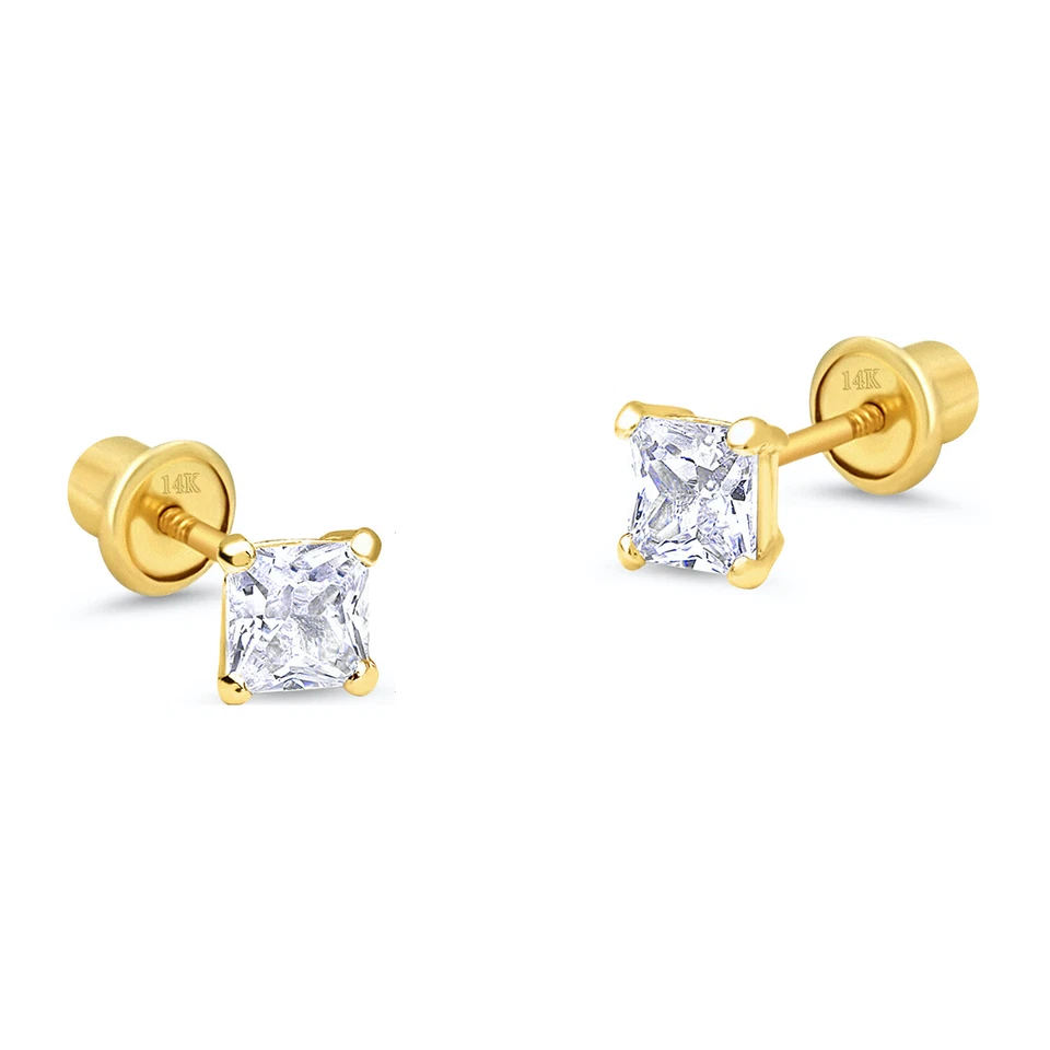 Aretes pequeños de diamantes genuinos princesa de 2,2 mm en oro amarillo de 14 k Foto 2 de 2