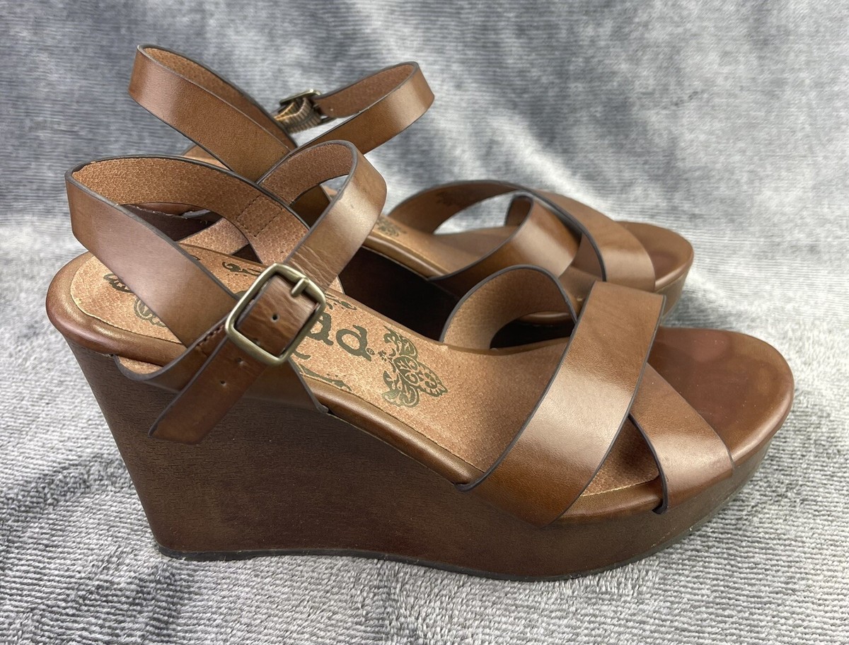 Mudd Kylie Cognac Wedge Brown Sandals Womens 8 M Tan Straps Adjustable shoes  | eBay