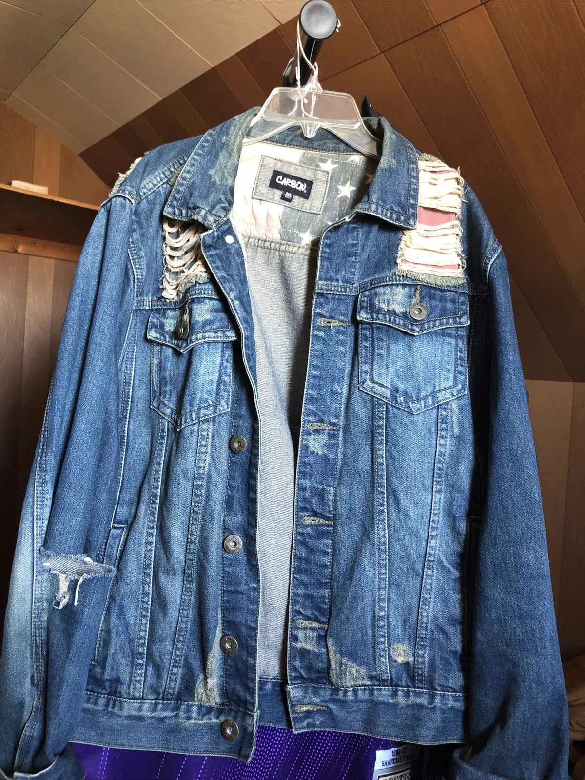 Rue 21 Denim Blue jacket Distressed Look Jean Mens Medium American Flag