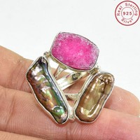 Solid 925 Sterling Silver Biwa Pearl, Druzy Jewelry Ring Us 7 Ak831 Solid 925 Sterling Silver Biwa Pearl, Druzy Jewelry Ring Us 7 Ak831
