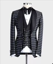 Men's Black Polka Dots Shawl Lapel Blazer Groom Tuxedos Wedding 3 Piece Suit