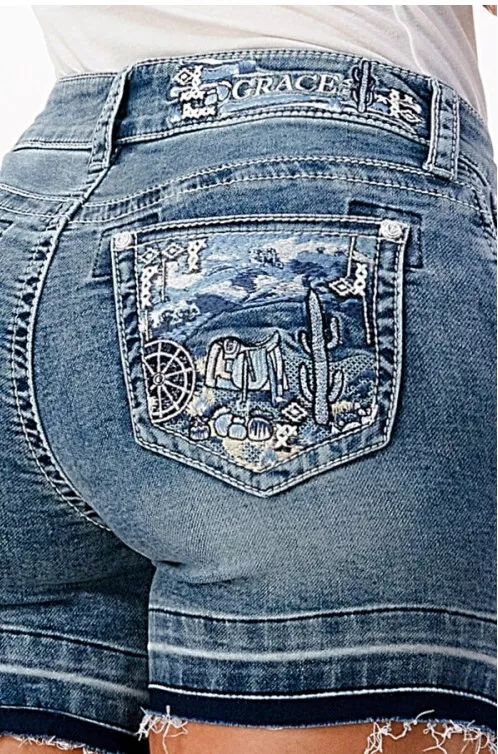 Grace in LA Women s Western Cactus Embroidered Stretch Denim Jean Shorts