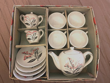 Vintage Child's Porcelain Tea Set Toy Complete Hand Painted Flowers Silver Japan