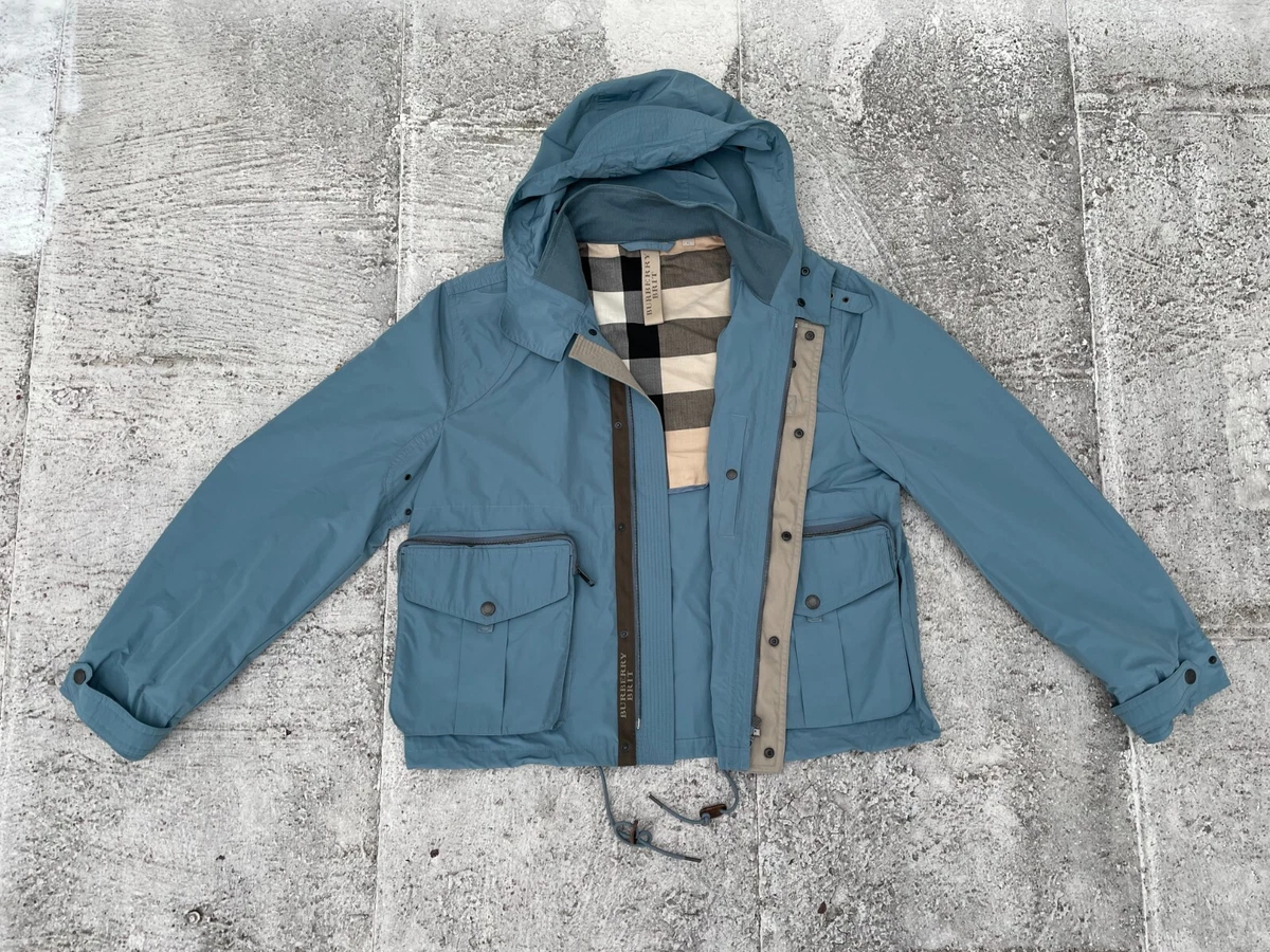 Burberry Men Jacket Hooded Coat Light Blue Rain Coat Size XL Authentic