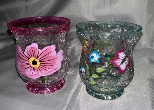 Vintage Hand Painted Crackle Glass Candle Holder Set of 2 Pink Blue Flowers - Picture 2 of 8