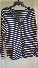 Chaps Women's Blue Horizontal Striped Shirt with Front Tie, (Medium) NWT