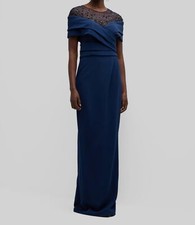 5225 Pamella Roland Women Blue Illusion Off-Shoulder Crystal Gown Dress Size 12