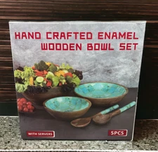 Salad Serving Bowl Set Wooden Enamel Turquoise 5 Pc Rustic Boho Kitchen Gift