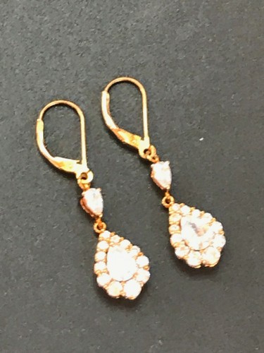 Estate 925 Marked Gold-washed Silver Clear Rhinestone Teardrop Dangle Earrings - Picture 5 of 10
