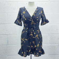 PLT BLACK FLORAL MINI TES DRESS WOVEN FRILL SHORT SLEEVE TIE WAIST WRAP UK 4