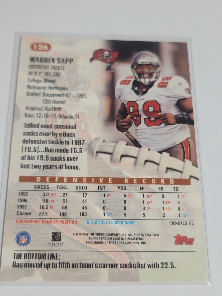 WARREN SAPP 1998 Stadium club #126.  BUCS - Image 2 of 2