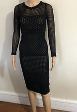 Stunning VENUS Black Crochet Bodycon Dress XS Sheer Sleeves Rhinestone Lined EUC