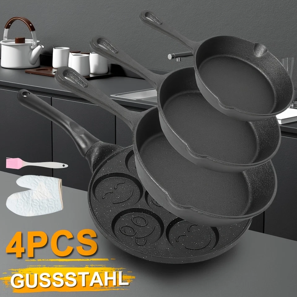 Gusseisen-Pfanne Pfannenset Bratpfanne 16/20/26cm + 7 Löchers Pancake Pfanne - Bild 1 von 1