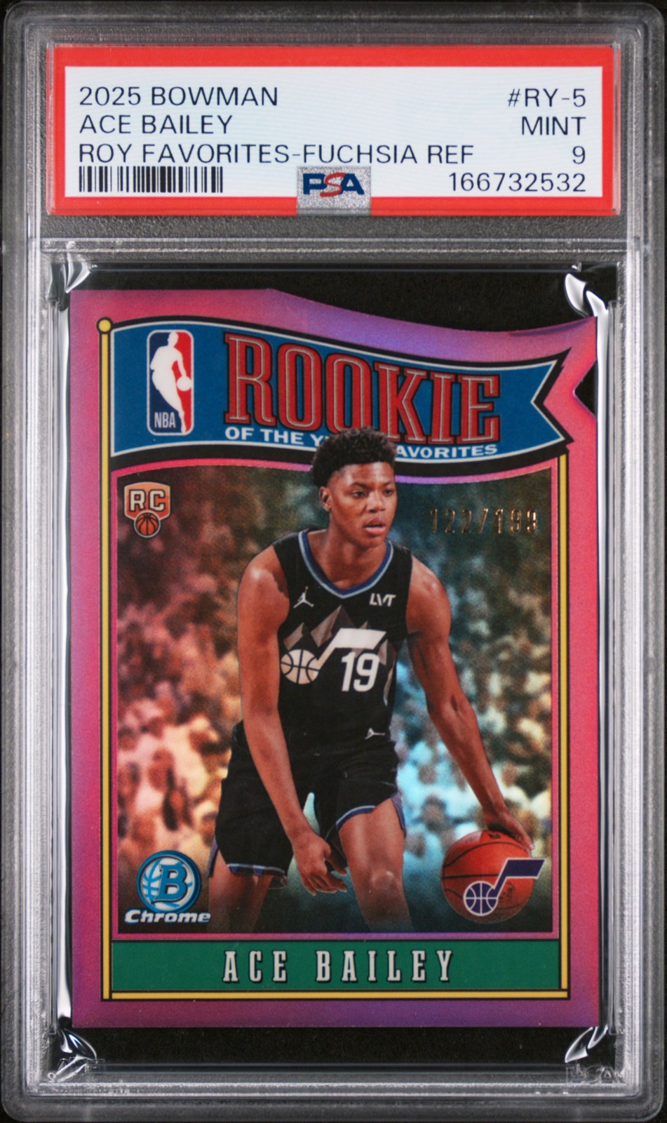 2025 BOWMAN CHROME ROOKIE OF THE YEAR FAVORITES FUCHSIA ACE BAILEY RC /199 PSA 9