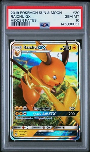 2019 POKEMON SUN & MOON HIDDEN FATES #20 RAICHU GX PSA 10