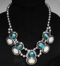 BIG 70s Signed Navajo 112g 925 Silver Turquoise MOP Squash Blossom Necklace 18"