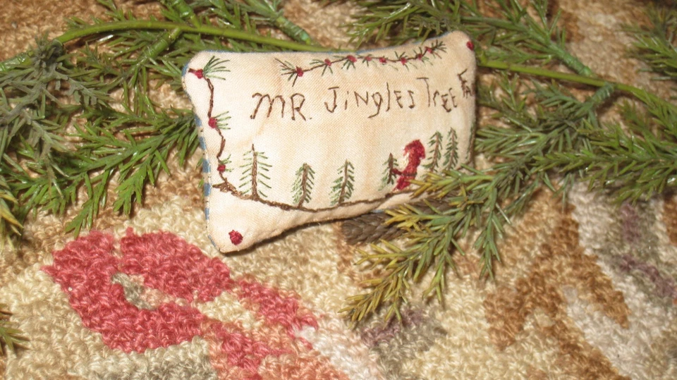Primitive tiny Sampler Pillow "Mr. Jingles Tree Farm"~Early Quilt~Folk Art X-mas - Image 2 of 4
