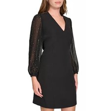 Tommy Hilfiger Rhinestone-Sleeve Shift Black Dress Size 2 Long Sleeves Back Zip