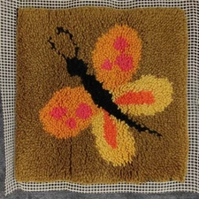 Vtg Butterfly Latch Hook Rug Wall Hanging 15x15" Handmade 70s Retro Boho